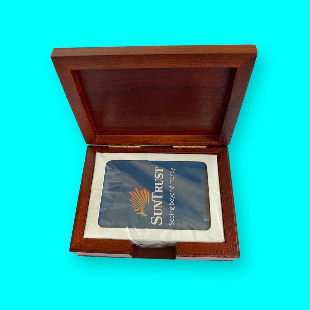 Suntrust Wooden Engraved Box and Playing Cards Blue
